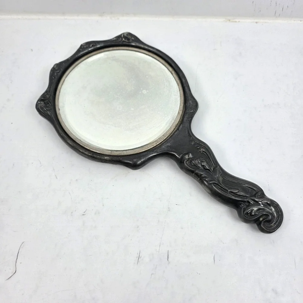 Vintage Art Nouveau Repousse Handheld Mirror Bevelled Glass 10